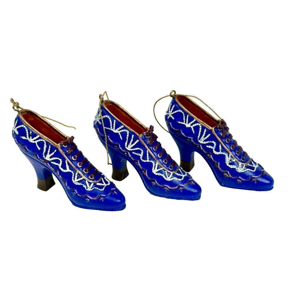 3 Vintage Beautiful Victorian Blue Heeled Shoes Christmas Holiday Ornaments